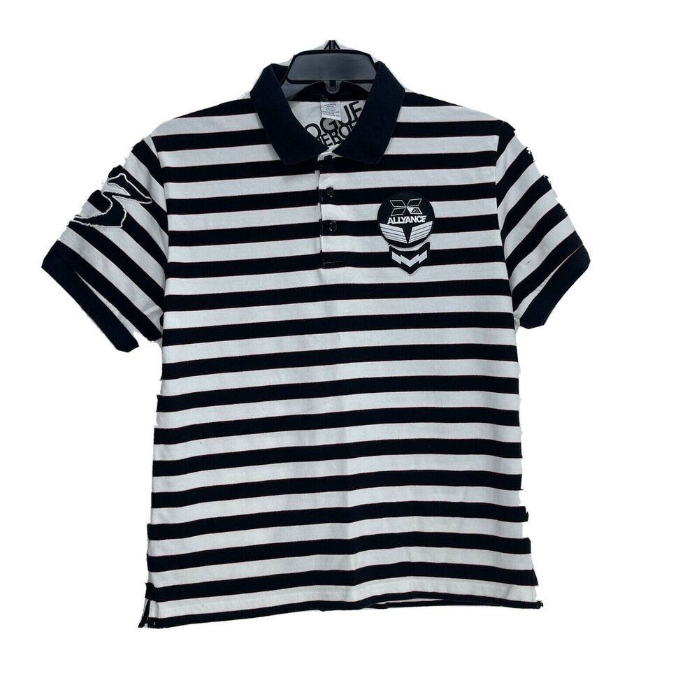 Allyance O-Hooligan Men's Pullover Shirt Polo Size L Striped Black White Patches